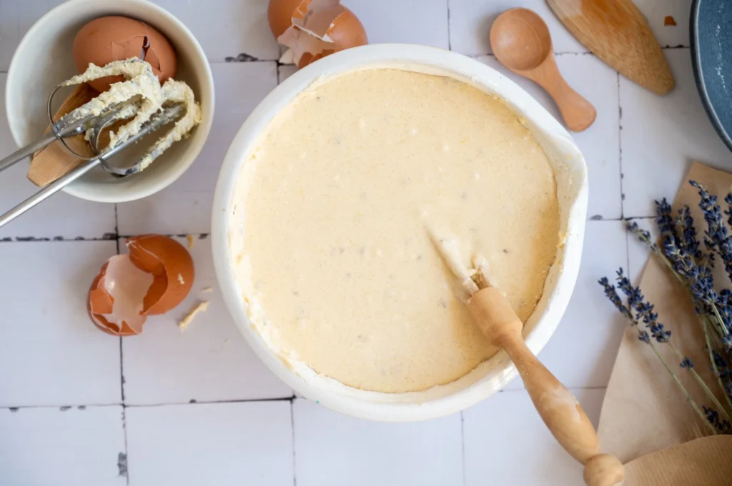 Finished lemon lavender pound cake batter in a large mixing bowl.