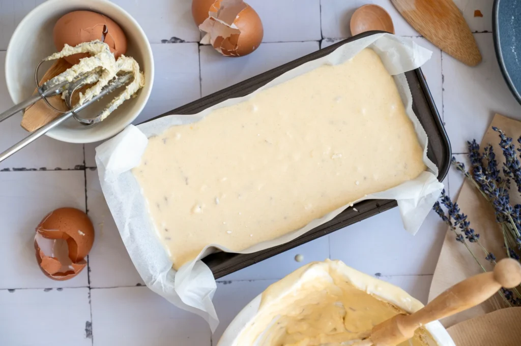 Lemon lavender pound cake batter poured into a parchment-lined loaf pan before baking.