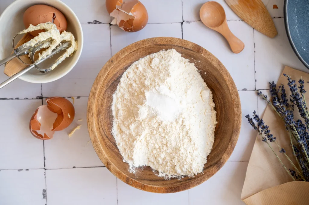 Flour and leavening ingredients in a wooden bowl for lemon lavender pound cake.