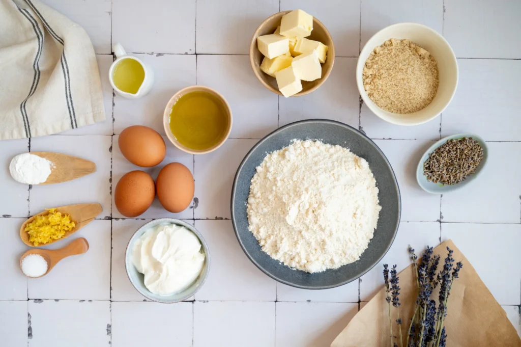 Ingredients for lemon lavender pound cake arranged on a white surface, including flour, butter, eggs, lemon zest, Greek yogurt, and culinary lavender.