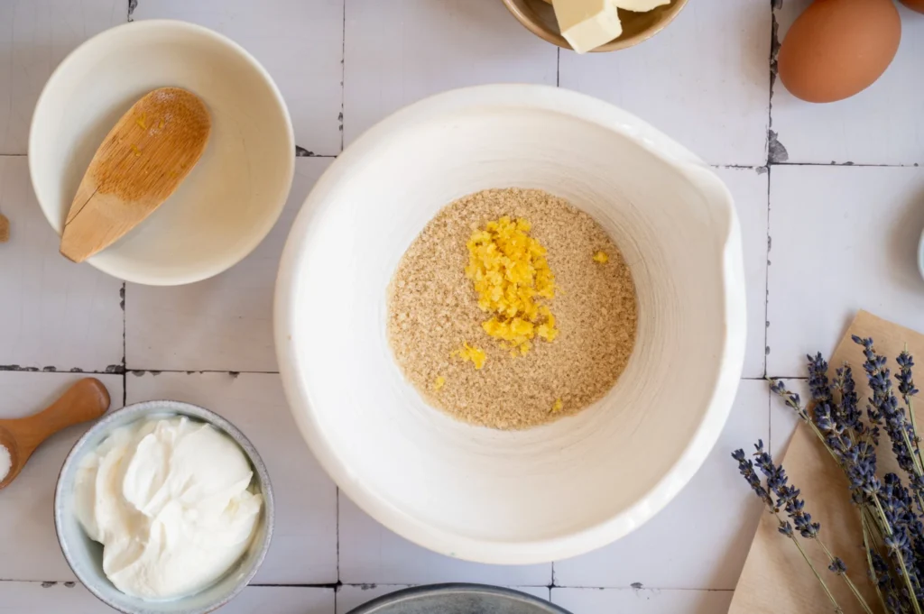 Fresh lemon zest added to sugar in a mixing bowl for lemon lavender pound cake.