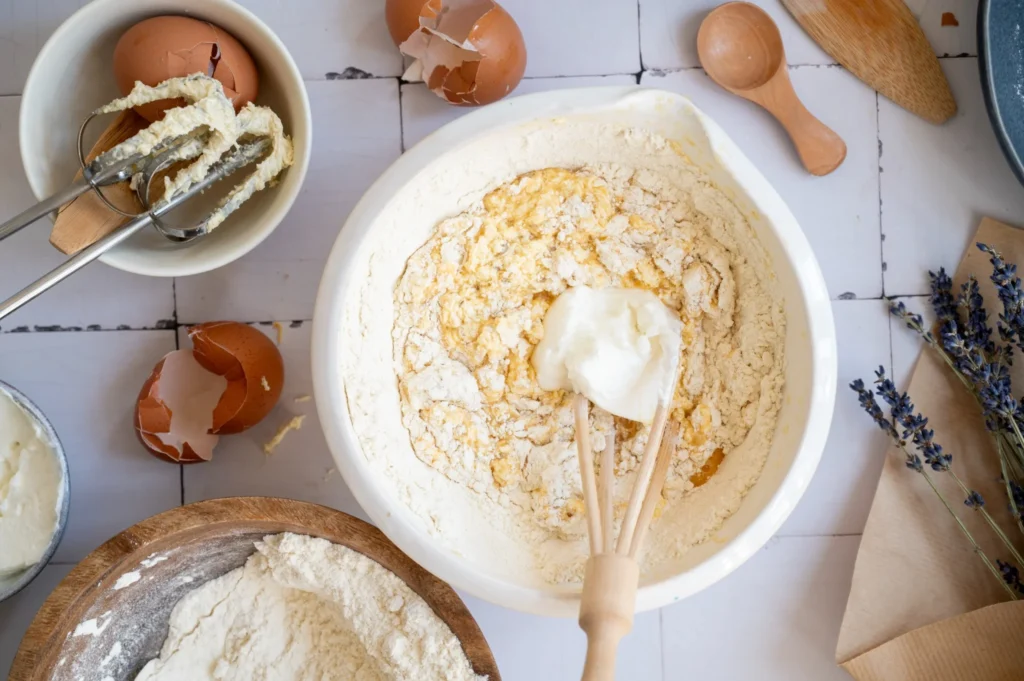 Greek yogurt being mixed with the flour mixture and wet ingredients for lemon lavender pound cake.