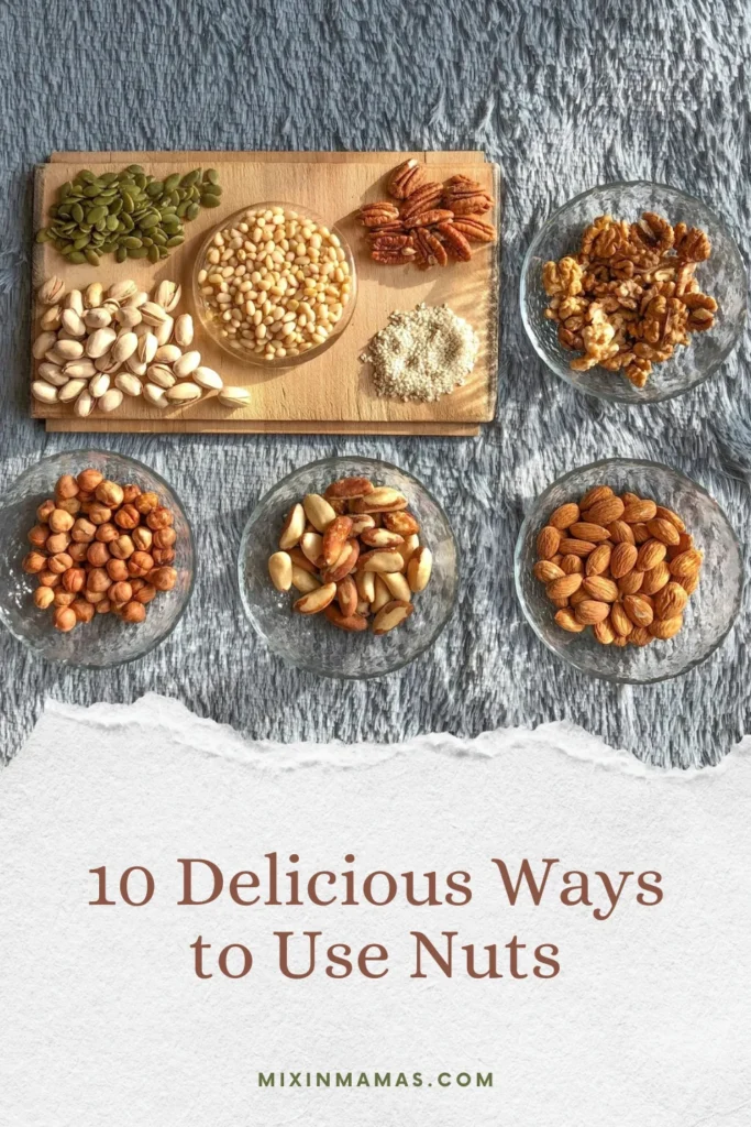 Pinterest graphic featuring an assortment of nuts with text reading 10 Delicious Ways to Use Nuts