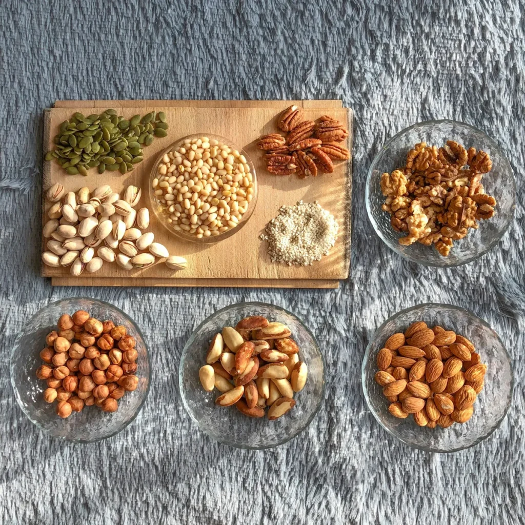 Assortment of pistachios, pecans, walnuts, almonds, and other nuts