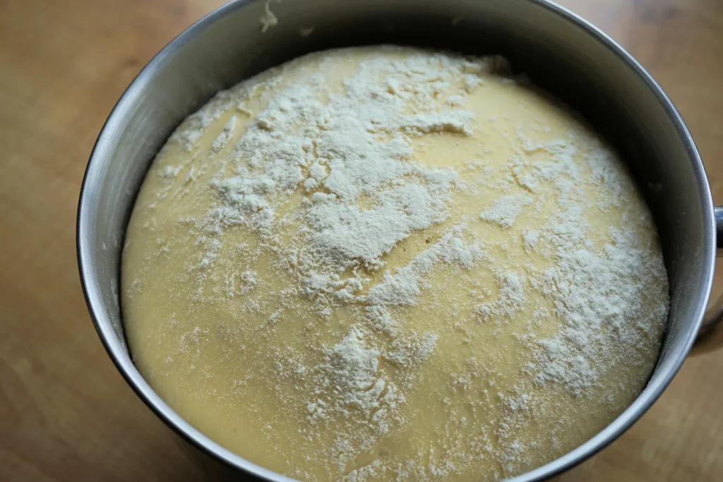 Bread dough rising in a metal mixing bowl with flour sprinkled across the surface.