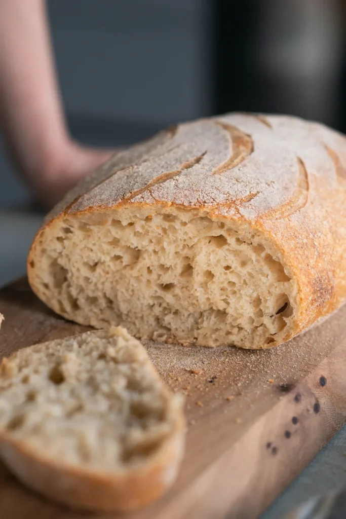 Sliced loaf of rustic homemade bread with a flour-dusted golden crust on a wooden cutting board.