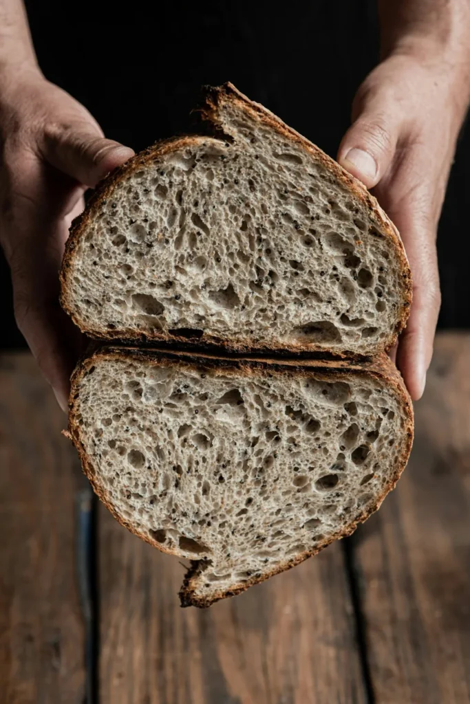 Two halves of rustic seeded bread showing the airy crumb and browned crust.