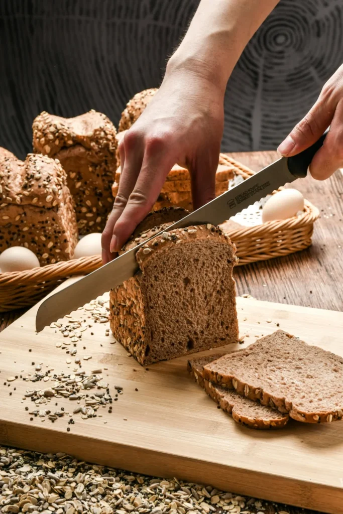 Hands slicing a seeded whole grain bread loaf with a serrated knife on a wooden cutting board.