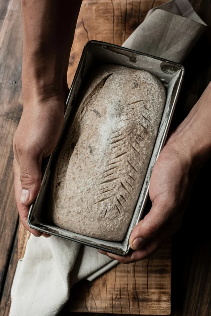 Unbaked loaf of bread dough with decorative scoring in a rectangular metal loaf pan.