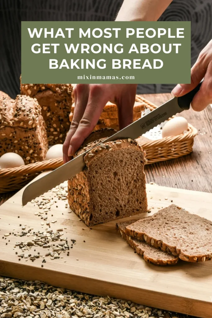 Seeded bread being sliced with a knife and text about common bread baking mistakes.